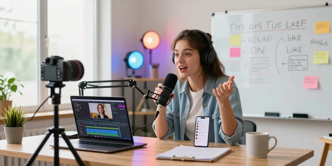 Content creator recording tips to get more likes on YouTube videos in a vibrant home studio.