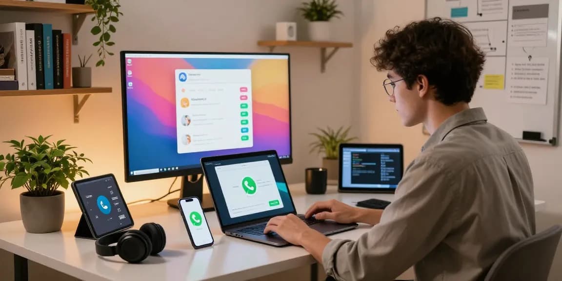 WhatsApp下載 installation on modern workspace setup with tech gadgets.
