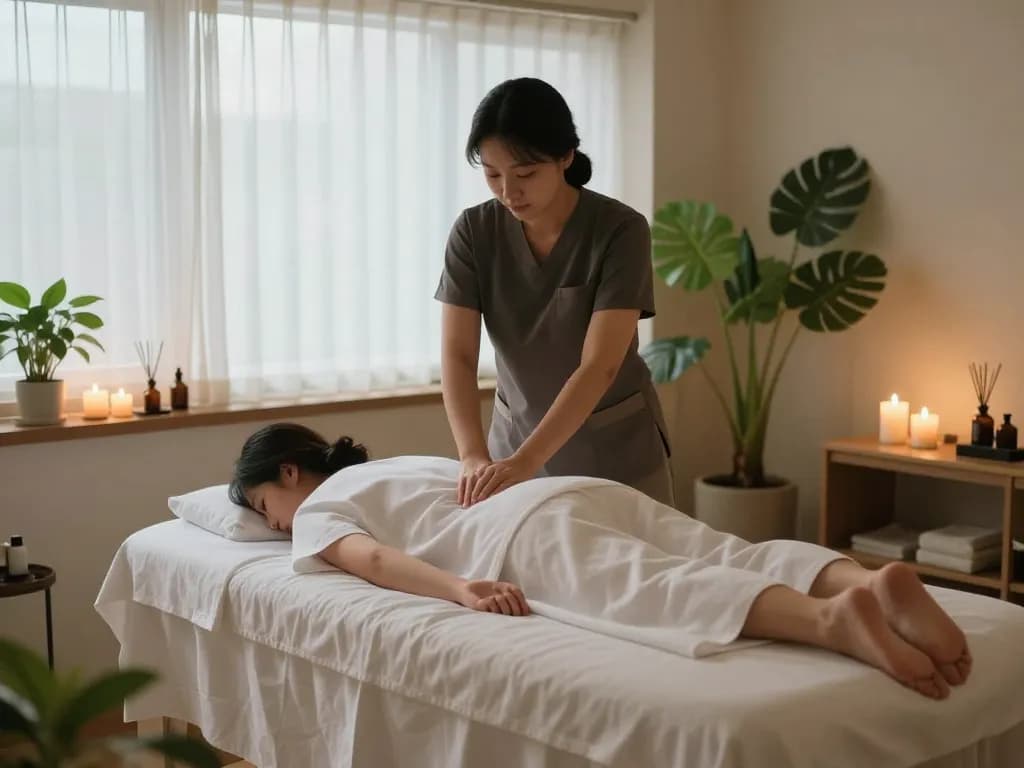 촛불과 부드러운 조명이 있는 평화로운 웰니스 스파 환경에서의 편안한 치평동마사지 세션.