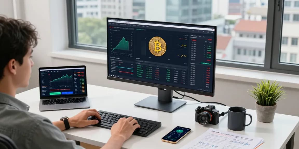 Bitcoin mining platform analysis in a modern trading workspace with cryptocurrency charts and profitability tools.