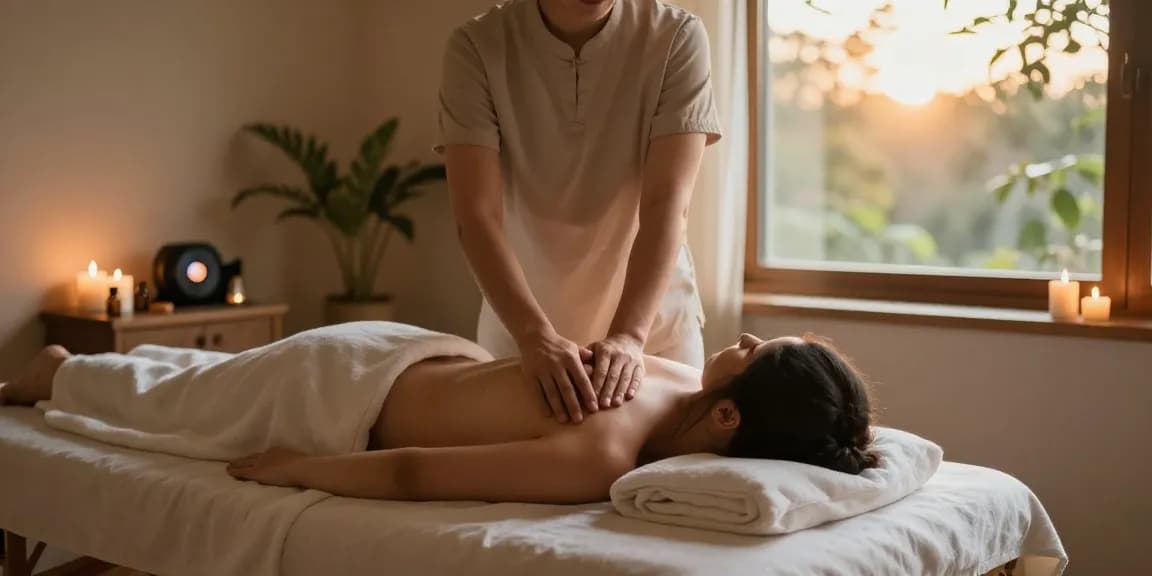 마사지 테라피 룸에서 아로마 오일과 촛불로 아늑한 분위기 속에서 스웨디시 마사지를 받고 있는 모습