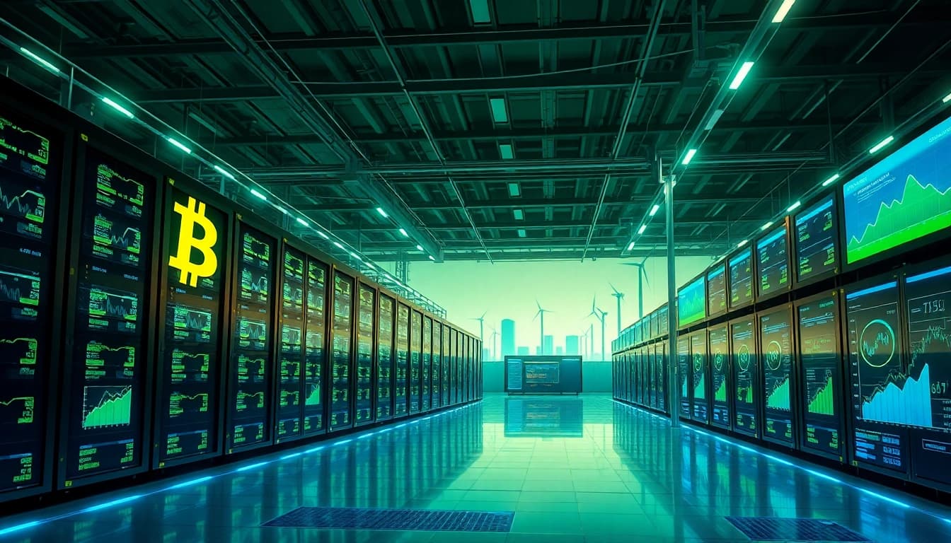 Bitcoin cloud mining facility with renewable energy sources representing innovation and efficiency.