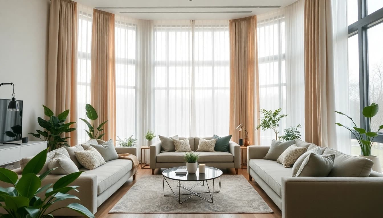 Verduisterende gordijnen bieden optimale privacy en sfeer in een moderne woonkamer.