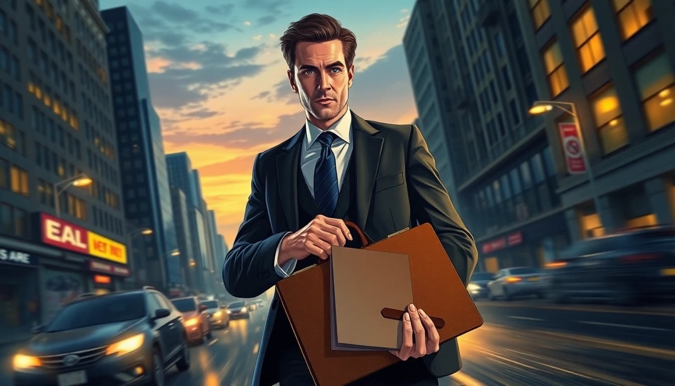 Engaging scene from Politics Thieves and Bullets with a confident protagonist in an urban setting.