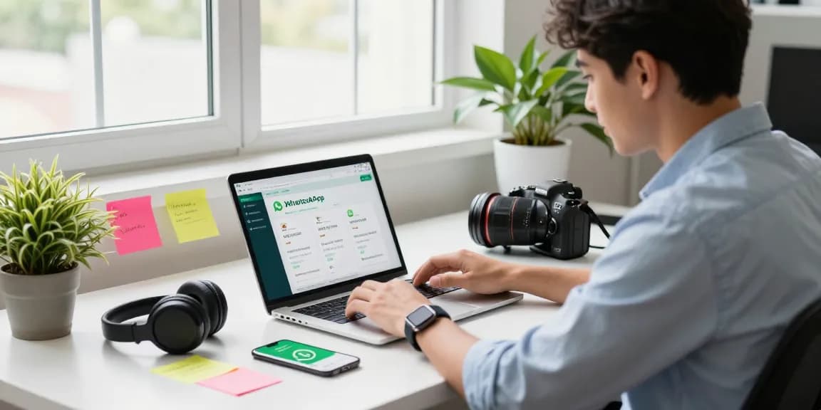 WhatsApp下載 in a tech workspace with a professional using laptop and smartphone to download the app.