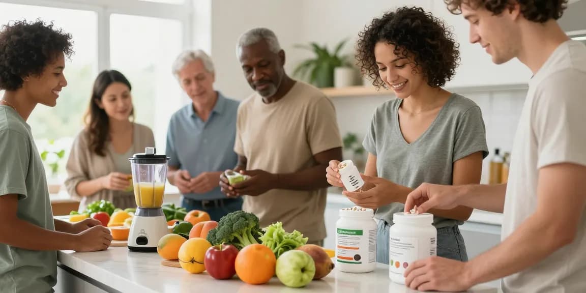 Group preparing healthy meals with science-backed supplements in a bright kitchen.
