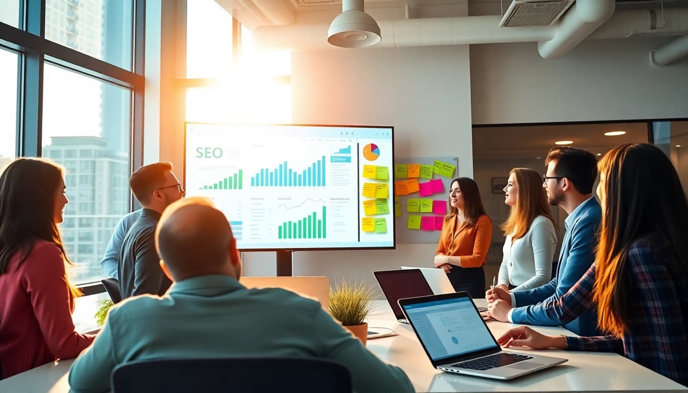 SEO Agency Clearwater team analyzing strategies in a vibrant, modern office.