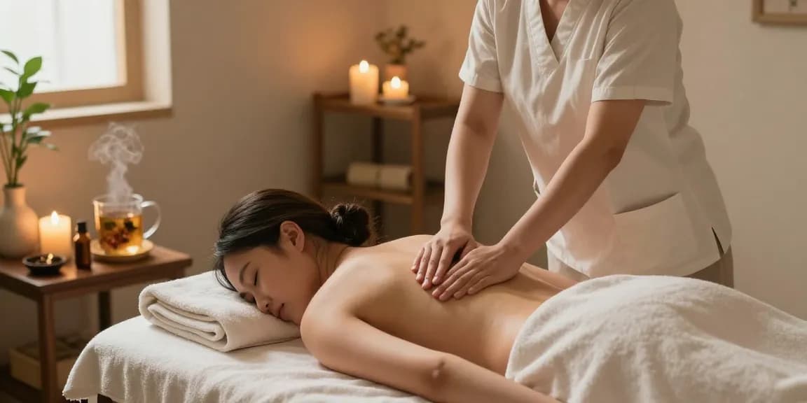 마사지 치료 중 편안한 고객과 아로마 오일이 있는 마사지룸의 분위기