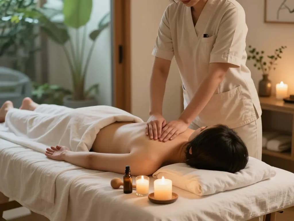 부드러운 조명이 비치는 평화로운 치료 환경에서의 편안한 논현동마사지 세션.