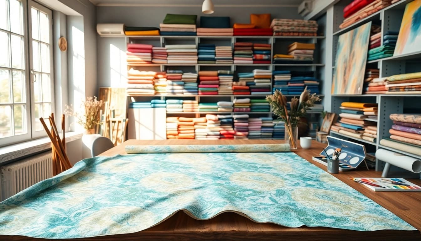 Canvasstoffen in een kunstenaarsatelier met verf en penselen op een tafel.