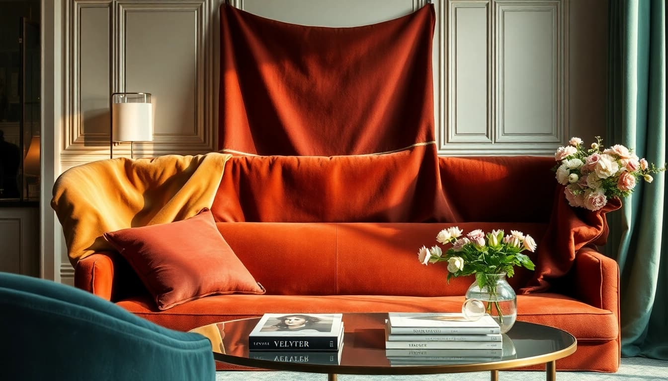 Fluweel stoffen in elegante kleuren op een stijlvolle tafel met een luxe uitstraling.