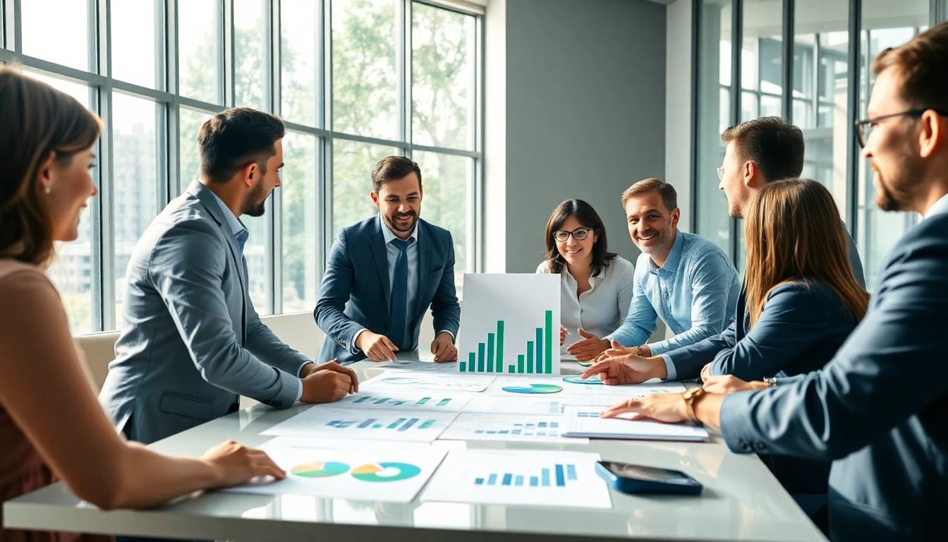 Team discussing growth strategy trends in a bright, modern office environment.