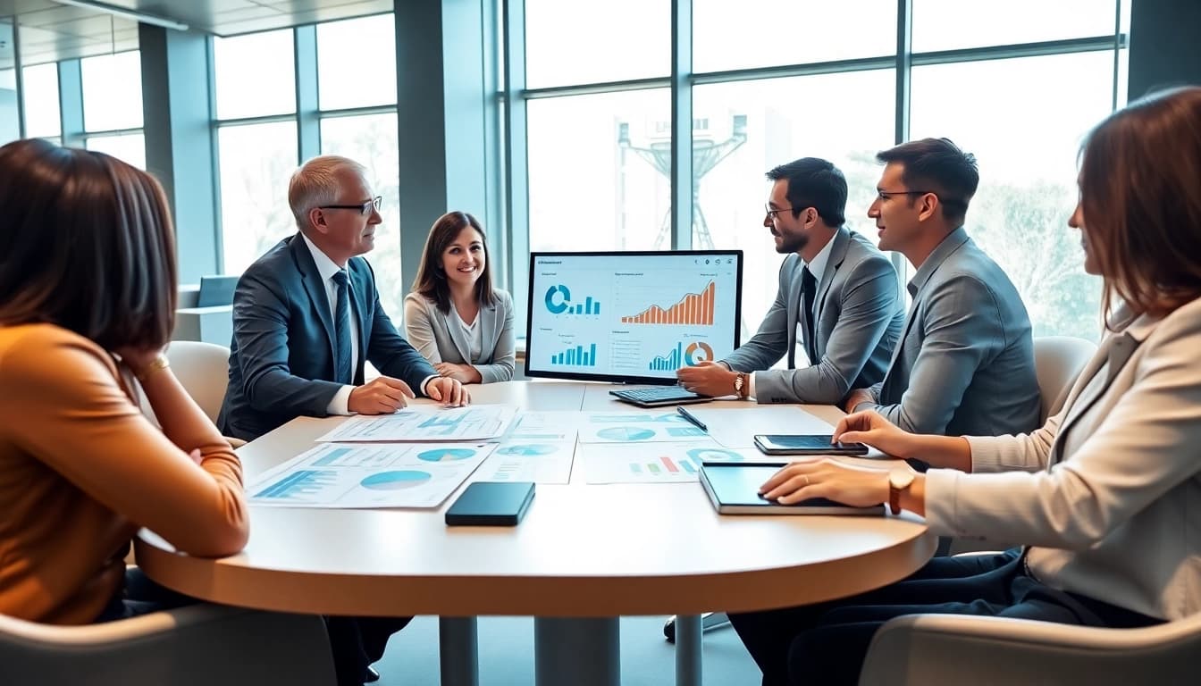 Analyze competitive intelligence data with a focused business team in a modern office.