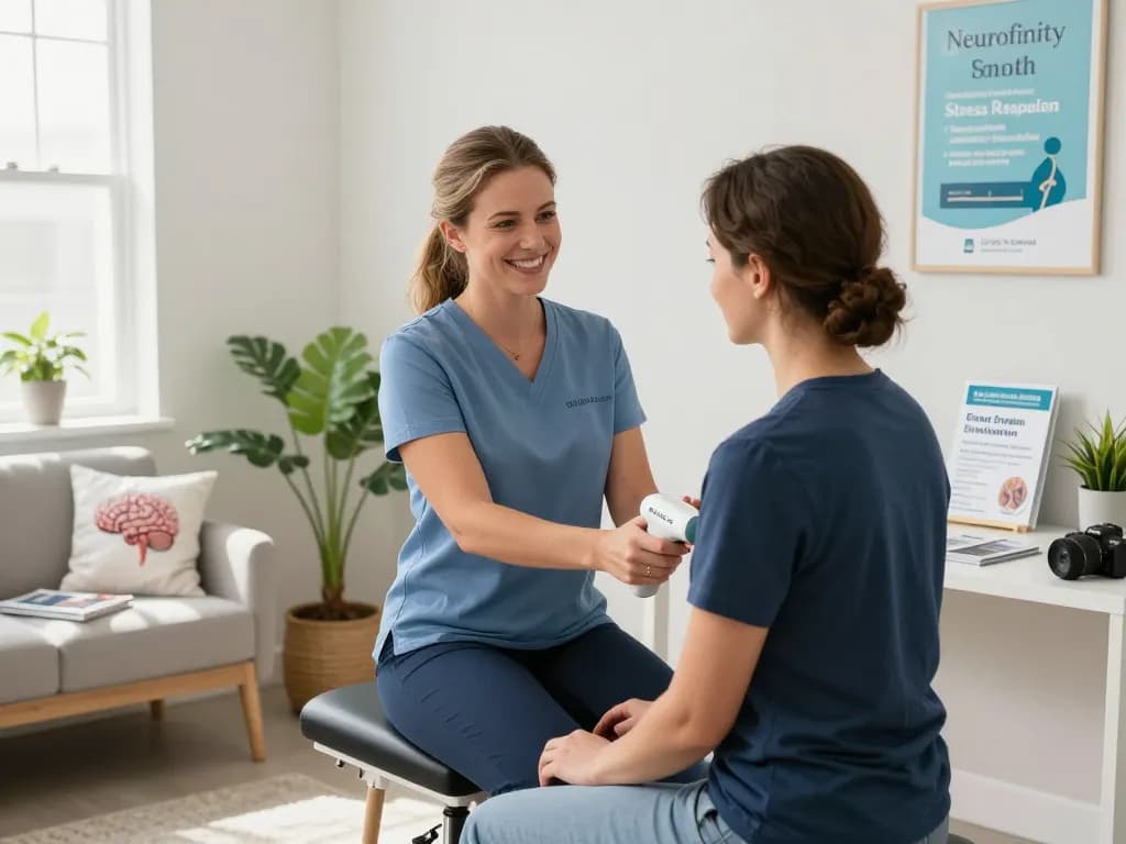 Patient receiving brain-based chiropractic care at synapticdc.com with Dr. Andrea Smith in a bright, inviting office.