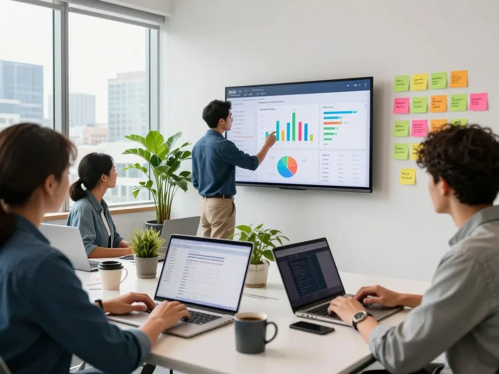 New York SEO Services team collaborating around analytics and strategy in a vibrant office.