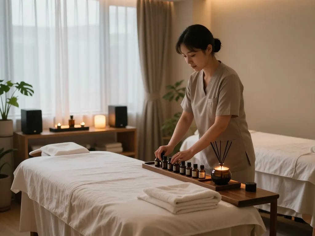 Relaxing massage therapy room showcasing essential oils and ambiance for 역삼동마사지.