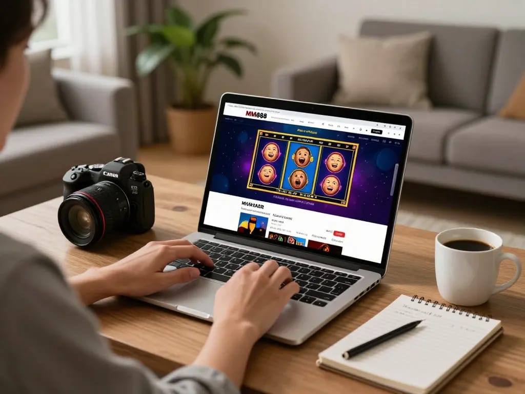 Engaging with the Website MM88 through a laptop for thrilling online gaming experience.
