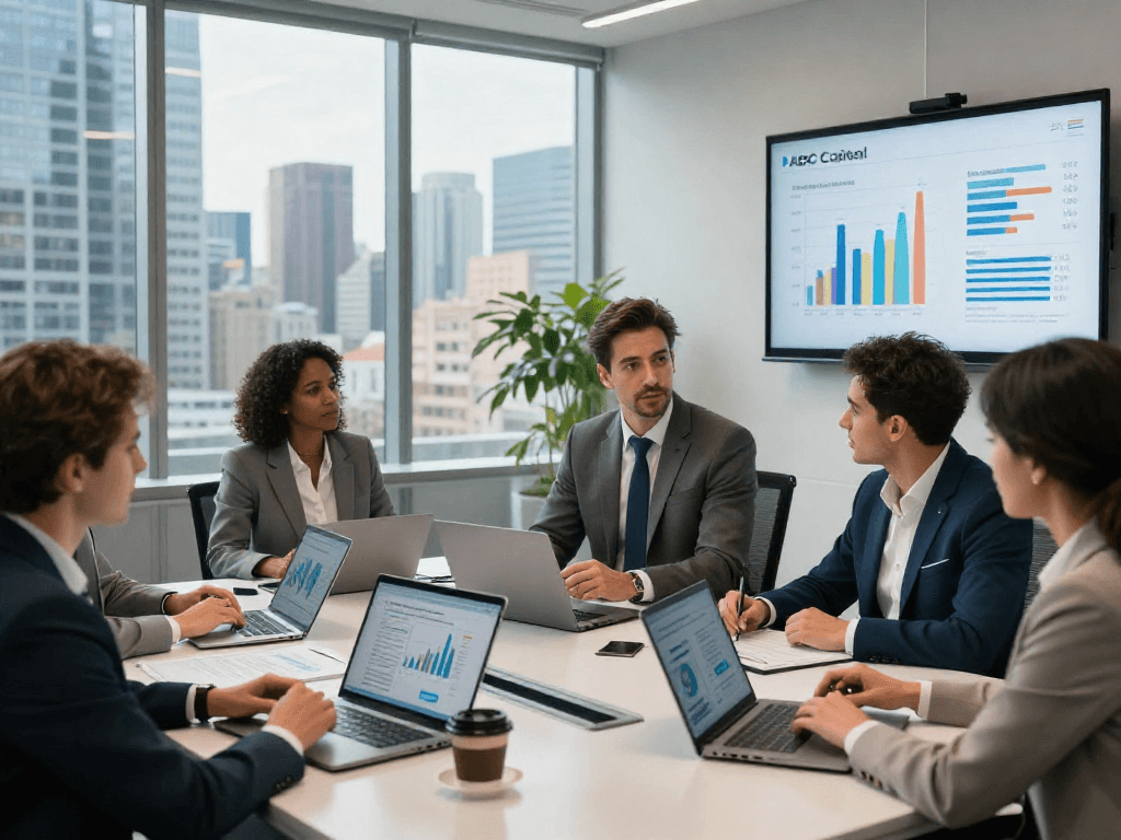 Bardya Ziaian at ABC Capital leads a corporate strategy meeting with professionals.
