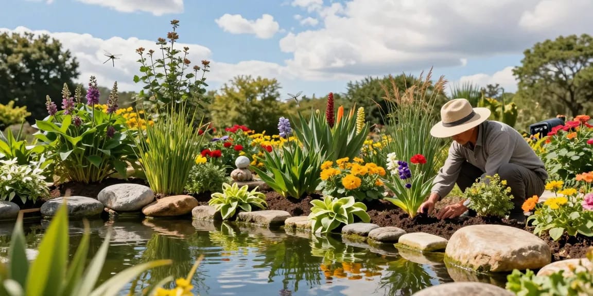 Vibrant Marginal Pond Plants flourishing by tranquil garden pond