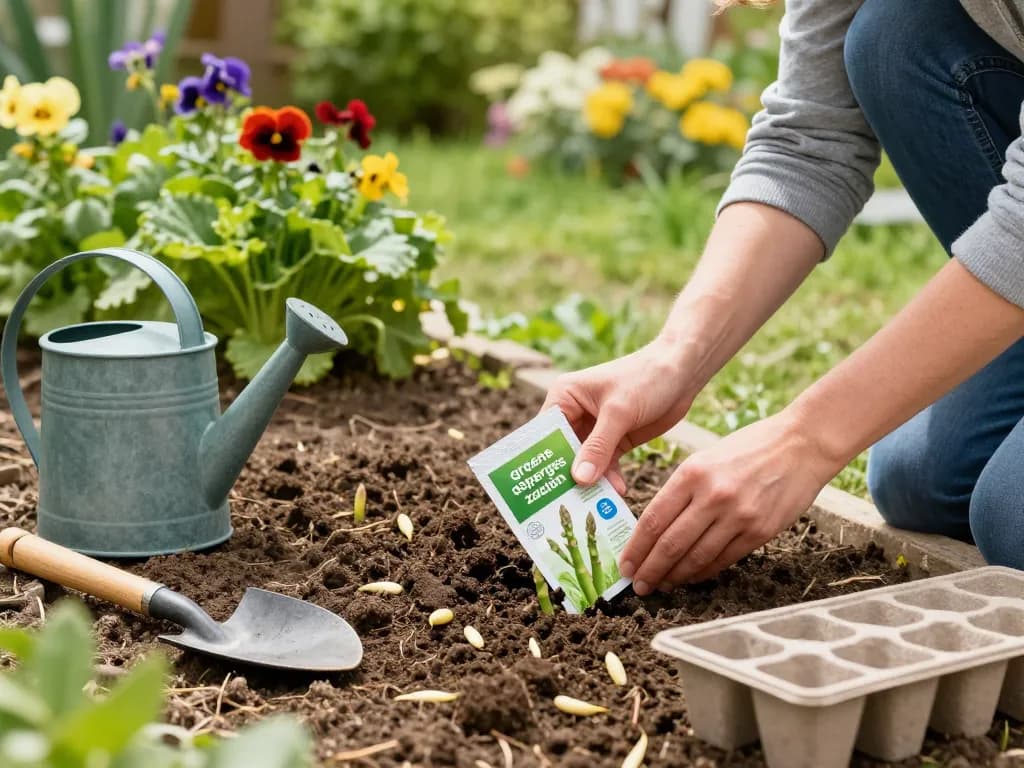 Gardener preparing to plant groene asperges zaaien seeds in a vibrant backyard garden.