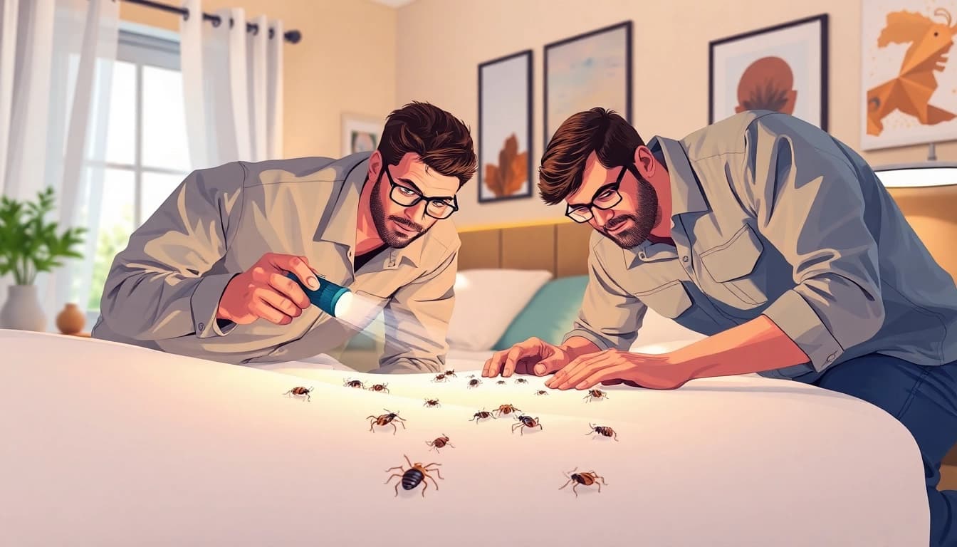 Local bed bug exterminators inspecting a mattress for bed bugs in a cozy bedroom.