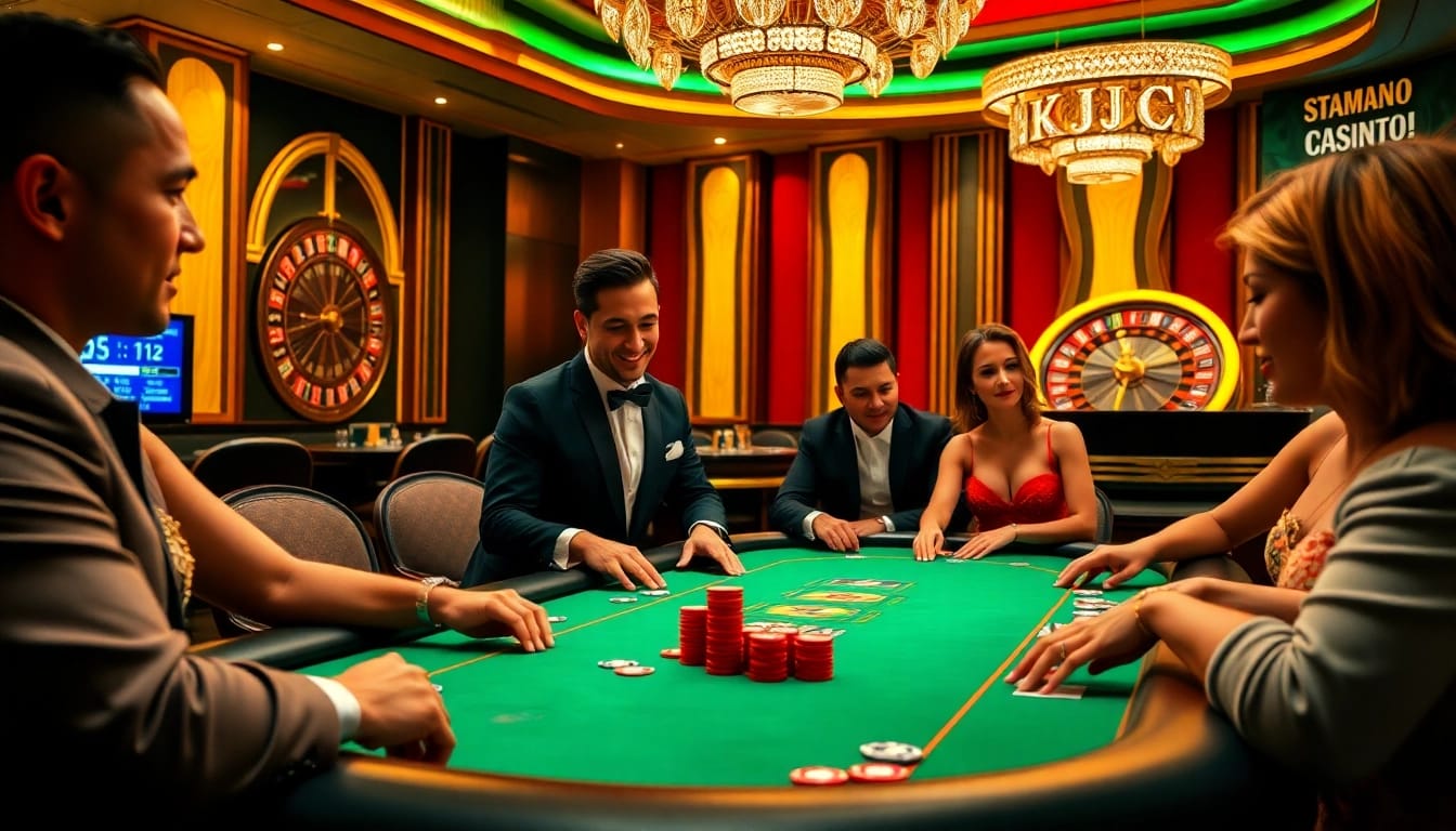 KJC players strategizing at an upscale poker table in a vibrant casino environment.
