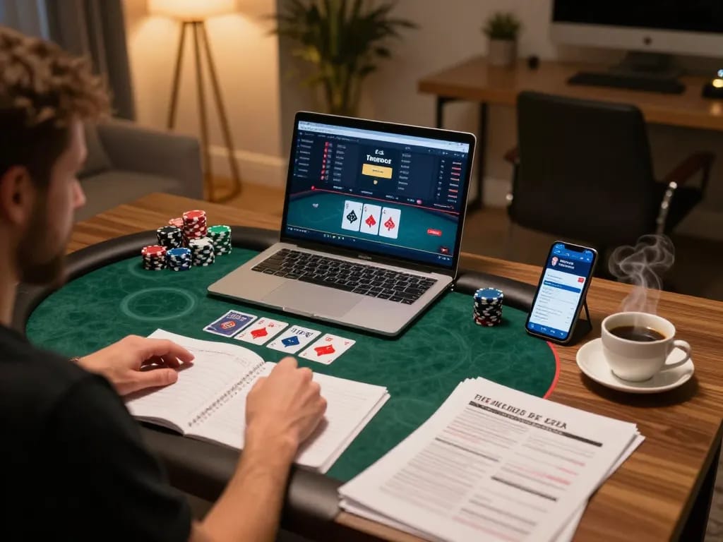 Thabet online gaming setup with a focused player strategizing during a poker game