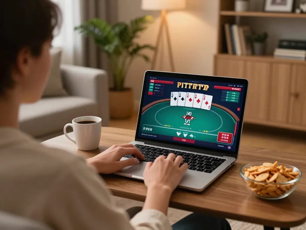 Engaging online poker gameplay with TG88 in a cozy home setting, illustrating strategic betting options.