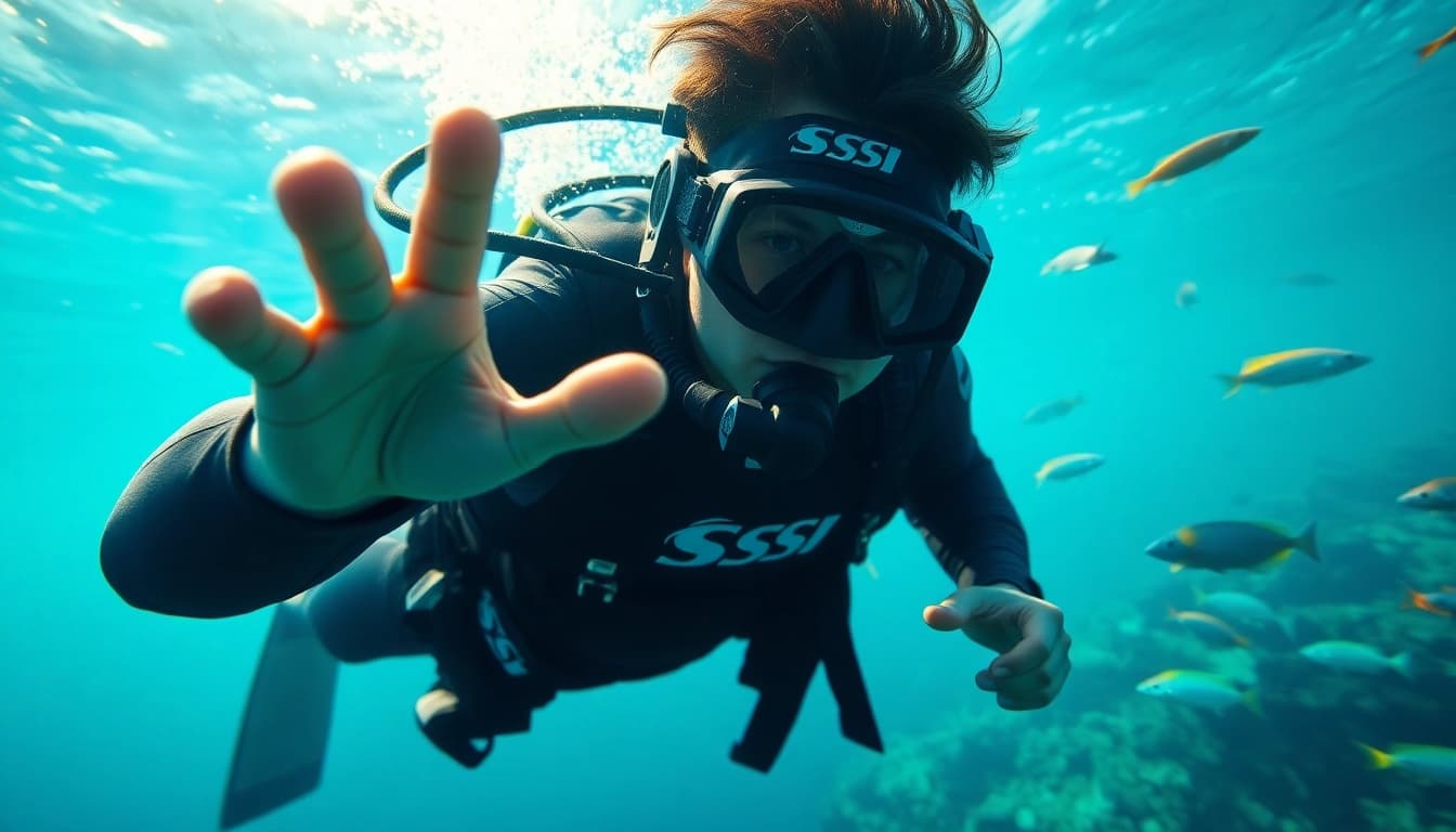 Tauchen in SSI Spezialkurse: Professioneller Taucher im Wasser mit mariner Umgebung.
