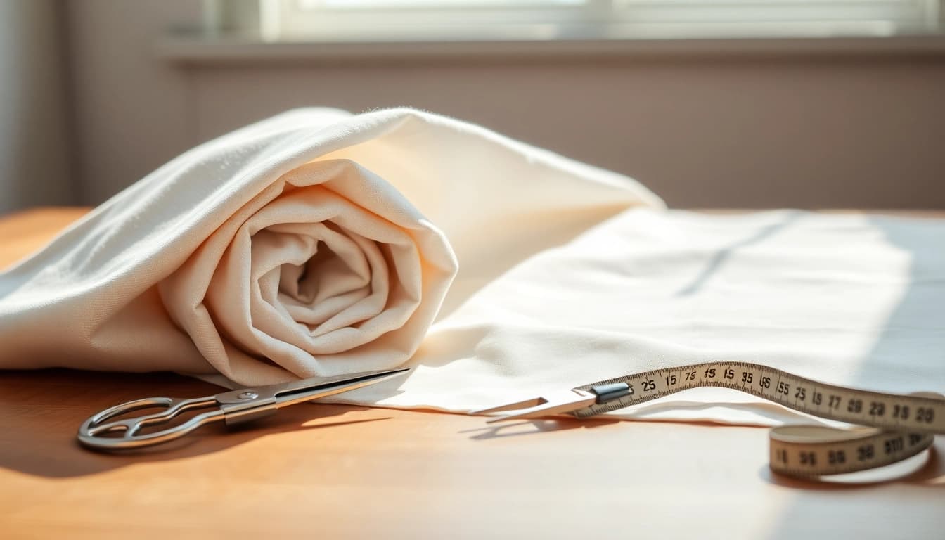 Katoen stof met zachte textuur en aantrekkelijke kleuren op een houten tafel.