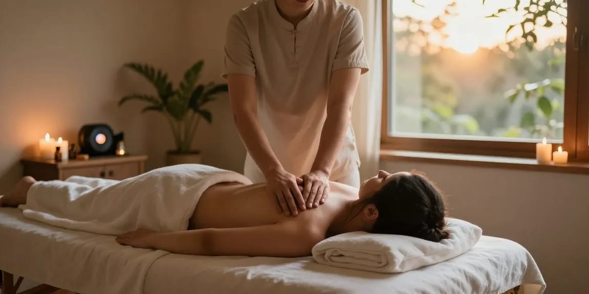 마사지 테라피 룸에서 아로마 오일과 촛불로 아늑한 분위기 속에서 스웨디시 마사지를 받고 있는 모습