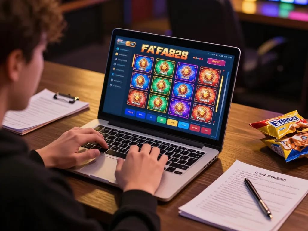 Engaging in online gameplay at FAFA828 with vibrant slot machine visuals and strategic betting notes.