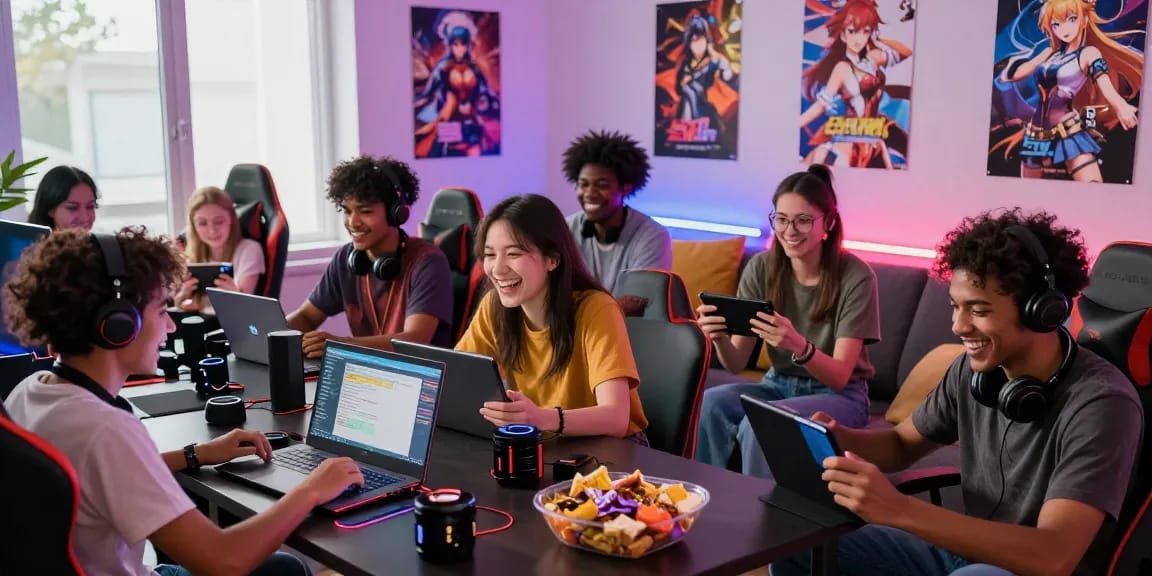 Gamers enjoying hentai games in a cozy gaming den filled with colorful lights.