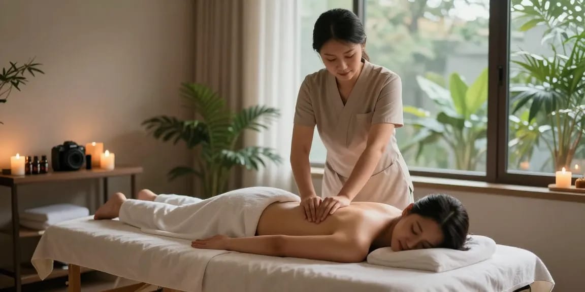 마사지 체험을 위한 편안한 스파룸에서 마사지 받는 모습