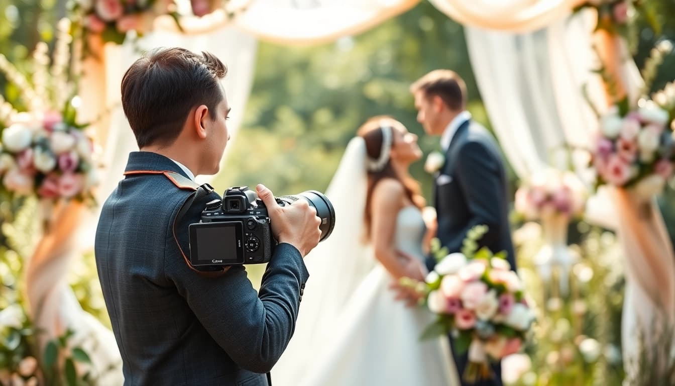 Wedding photographer capturing a romantic moment during a lush garden ceremony.