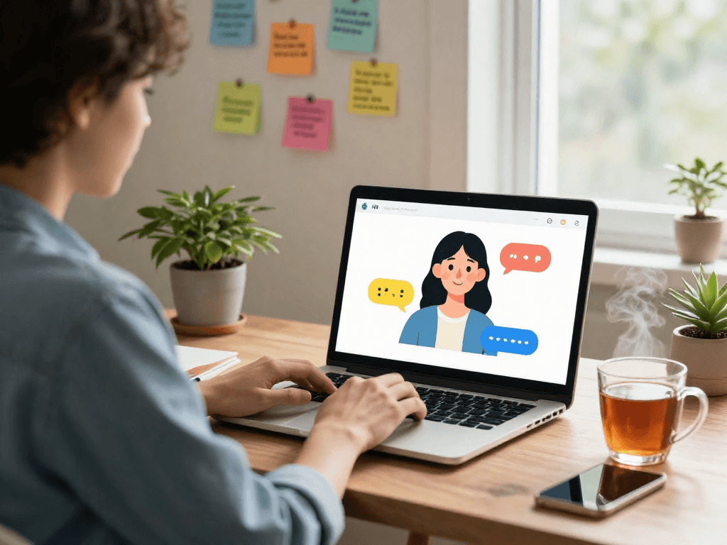 Person engaging with girlfriend ai application in a cozy home office setting, showcasing technology and personal interaction.