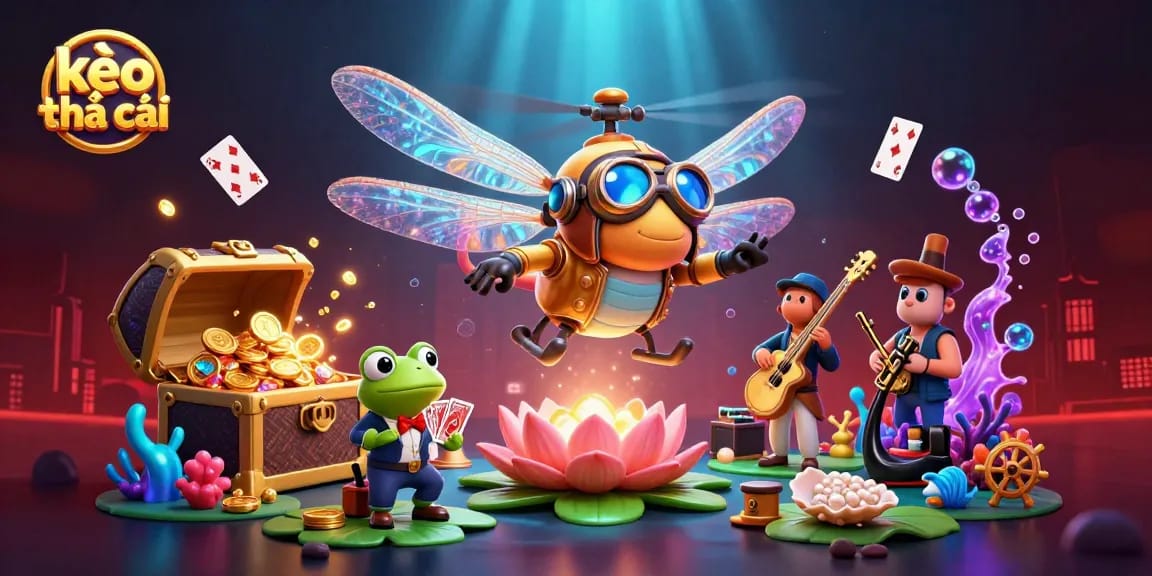 Experience kèo nhà cái excitement with the animated dragonfly pilot at the lily pad casino in this vibrant 3D scene.