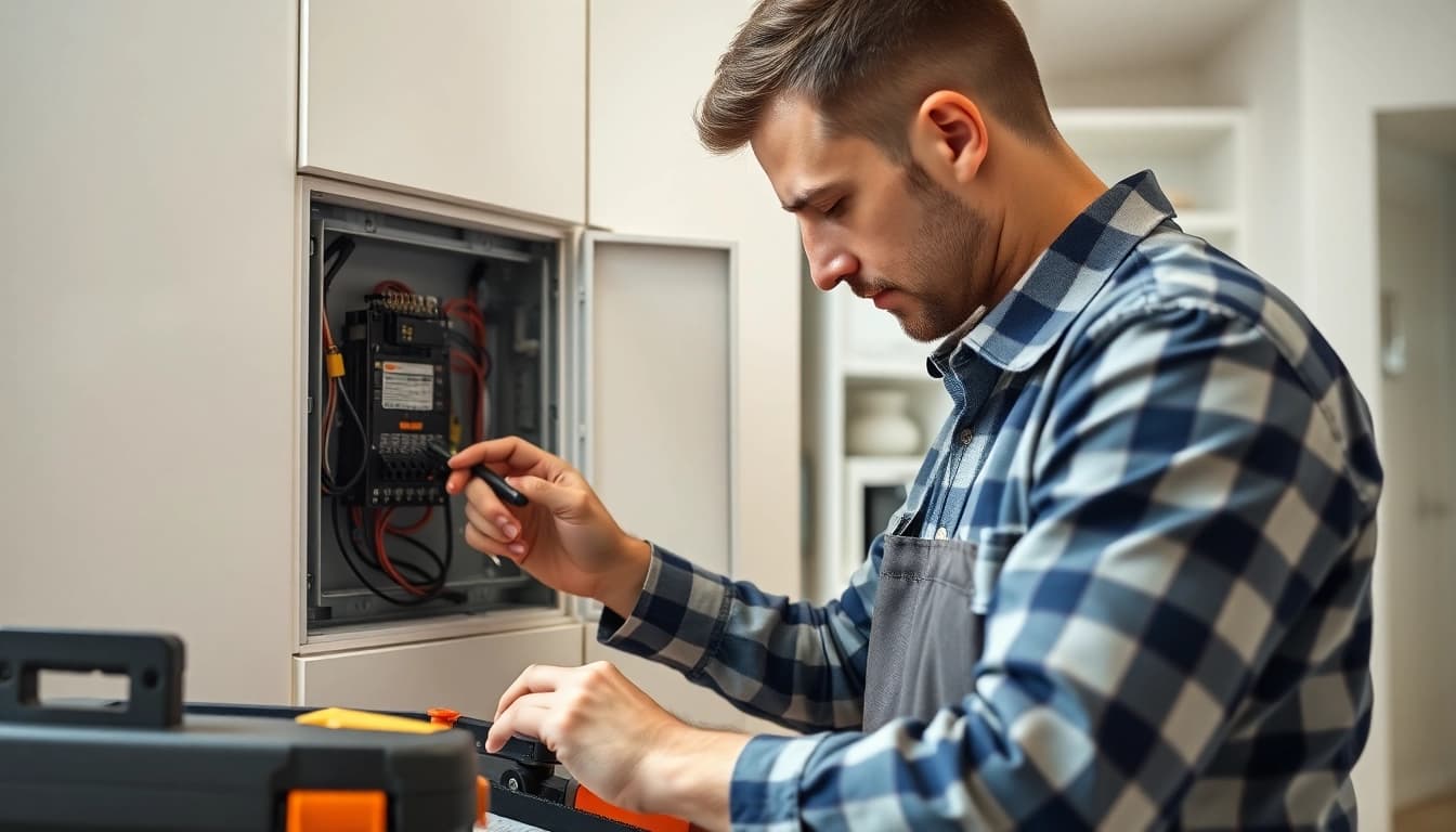 Electrician performing electrical service maintenance while inspecting a circuit panel in a clean kitchen.