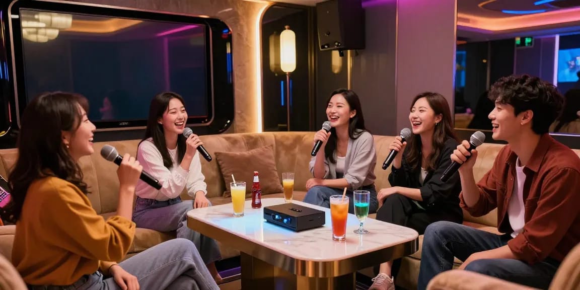 강남가라오케에서 즐거운 시간을 보내고 있는 친구들, 고급 인테리어의 프라이빗 룸