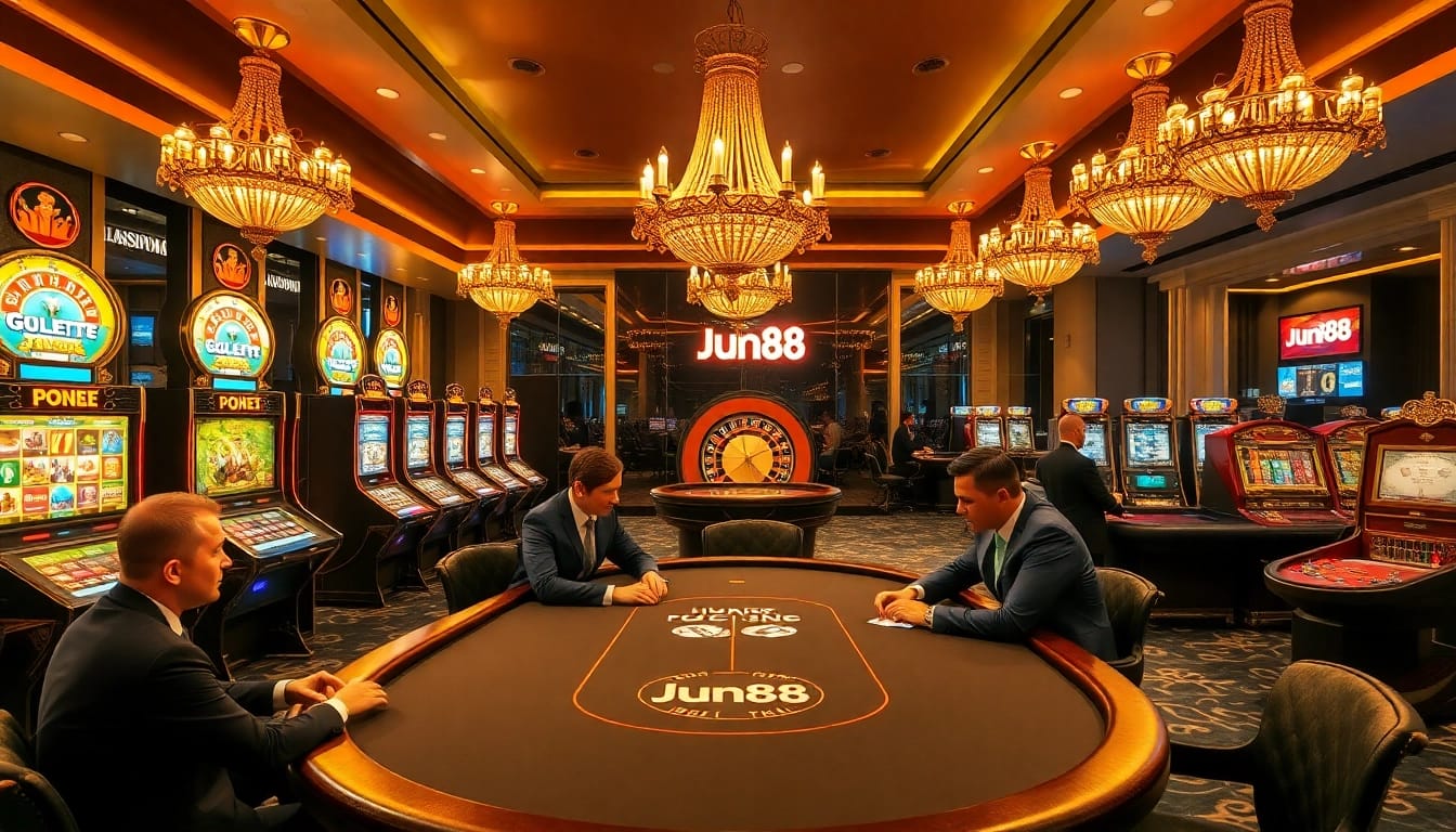Players enjoying an exciting poker game at Jun88 casino, surrounded by vibrant slot machines.
