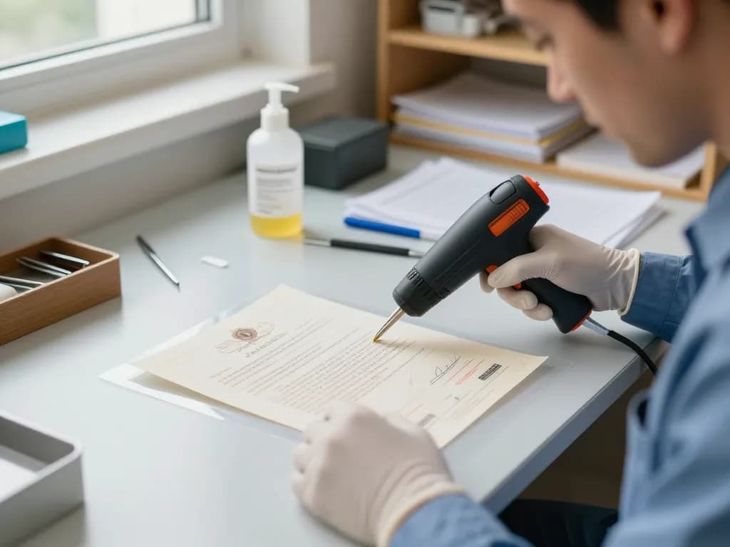 Cách bóc giấy ép plastic không rách giấy by a professional technician using specialized tools in a clean workspace.