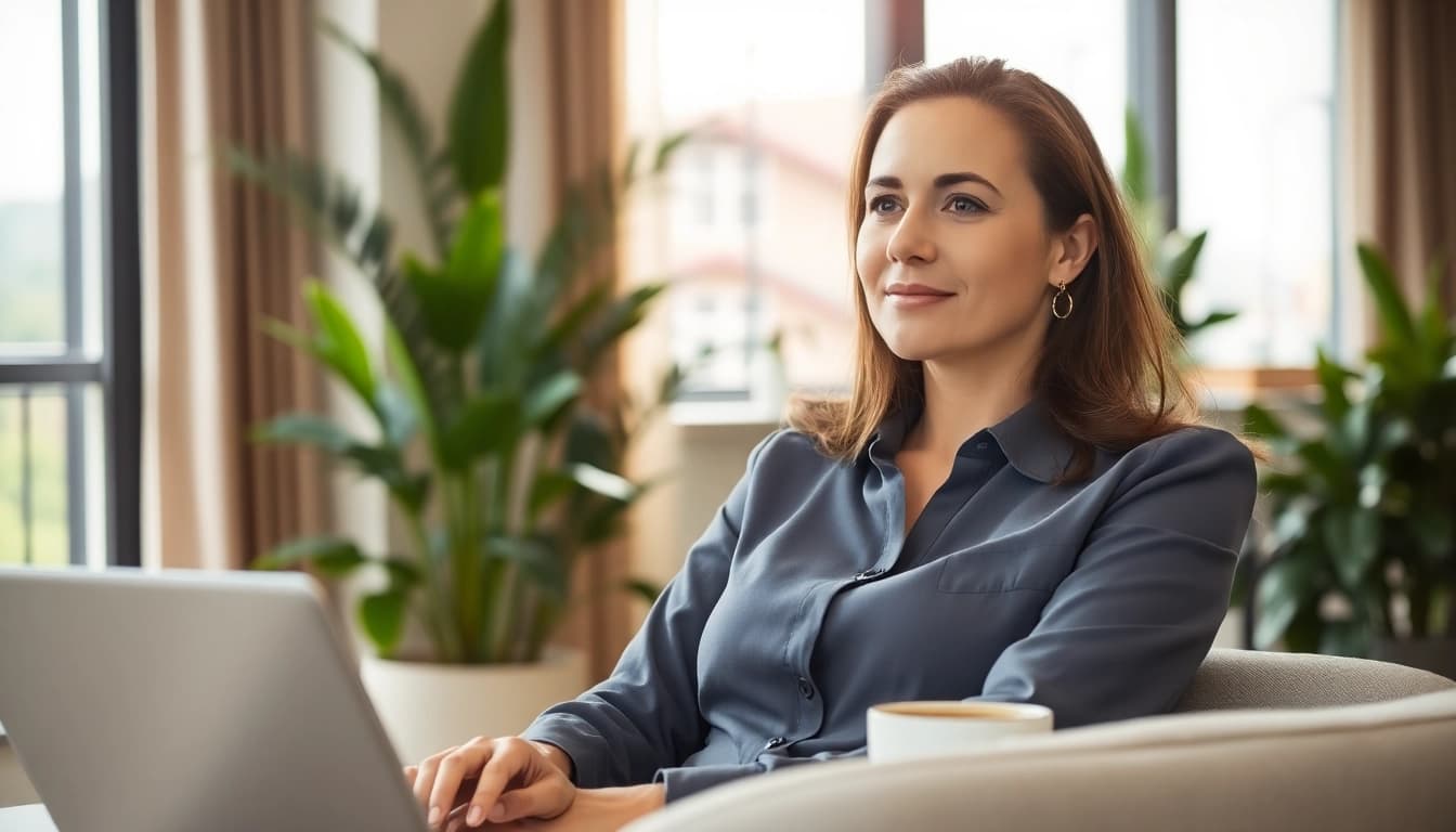 Anxiety symptoms illustrated by a serene woman in a modern office environment, embodying calmness and focus.