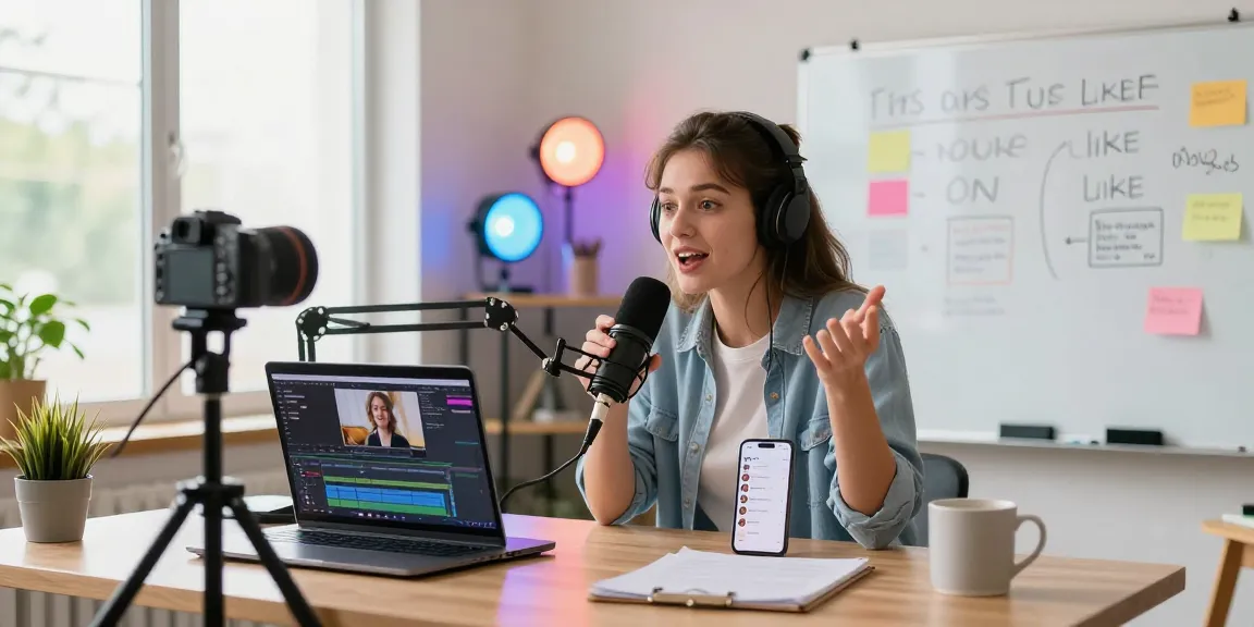 Content creator recording tips to get more likes on YouTube videos in a vibrant home studio.