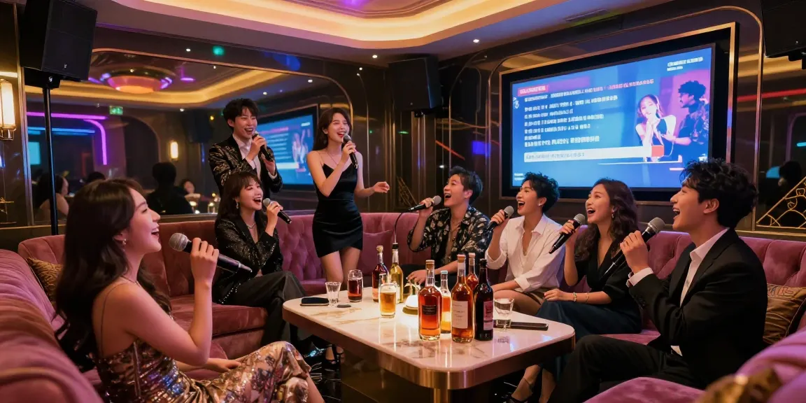 강남 가라오케의 화려한 내부에서 즐겁게 노래하는 모습과 고급 음료, 세련된 인테리어.