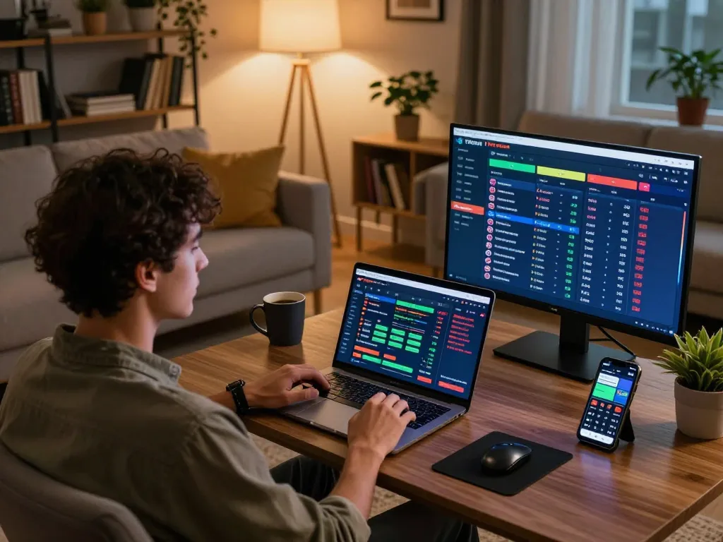Thabet user engaged in online sports betting with devices illuminated, capturing strategic gameplay