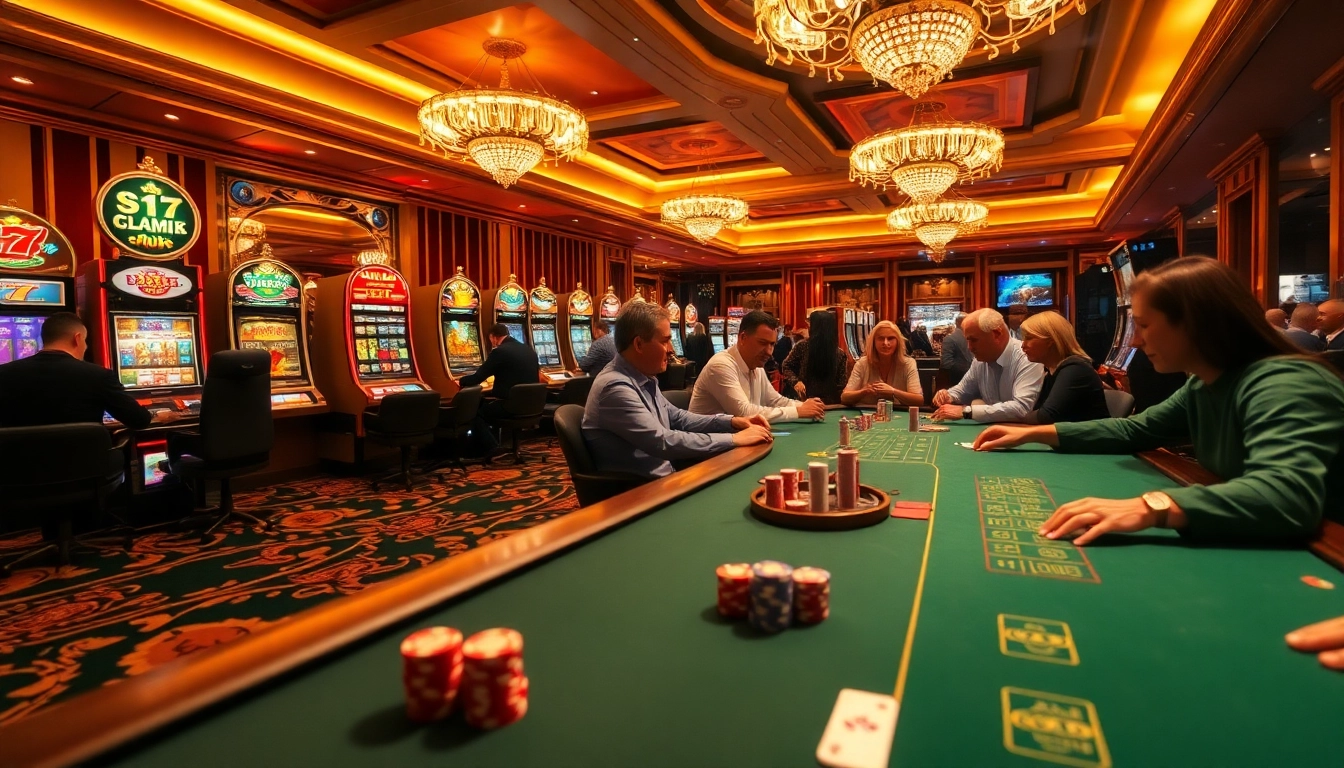 Joueurs engagés profitant d'une expérience excitante de casino en ligne avec des tables vibrantes et des machines à sous.