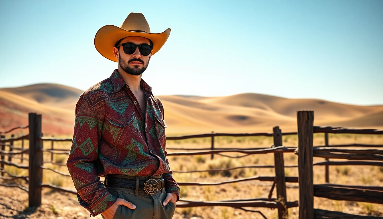 Model showcasing Aztec Print Western Wear against a stunning ranch backdrop, exuding style and authenticity.