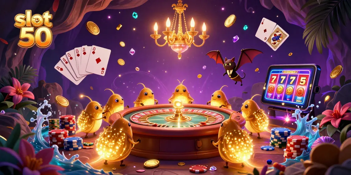 Join the excitement of slot bet 50 with gleaming glowworms illuminating a vibrant casino scene.