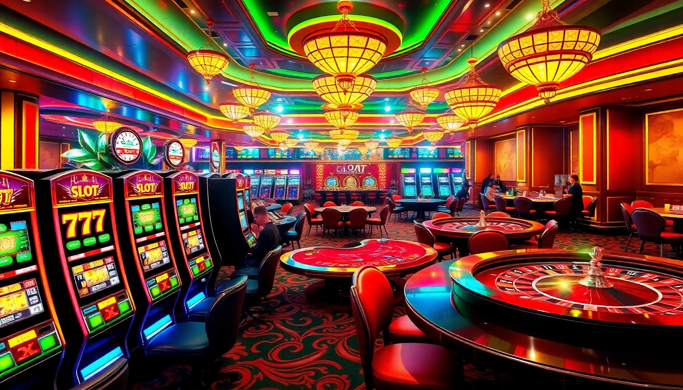 Exciting moment at a casino showcasing slot 777 machines and lively players in a luxurious setting.