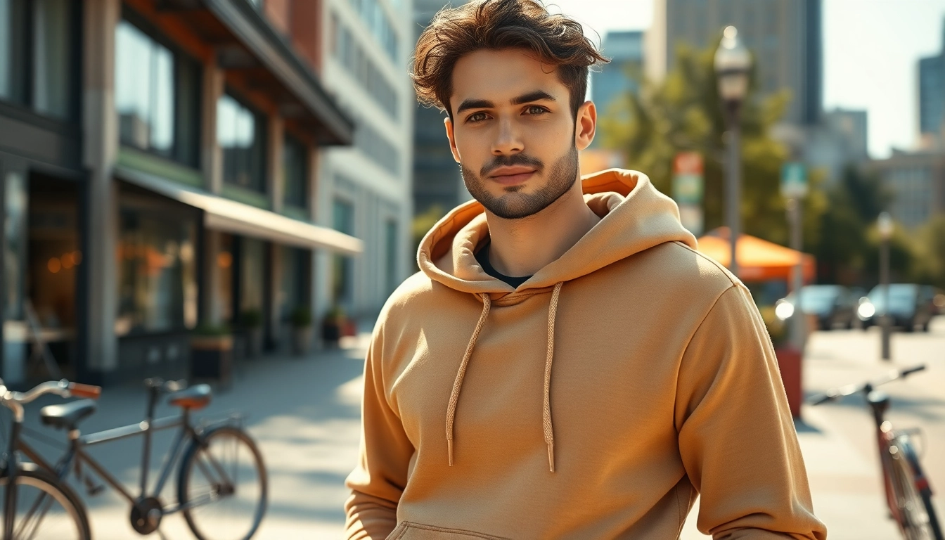 Model showcasing trendy plain hoodies against a vibrant urban backdrop, exuding a relaxed style.